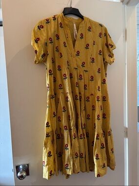 Anthropologie Uncle Frank mustard Yellow Floral Tiered Cotton Dress size M